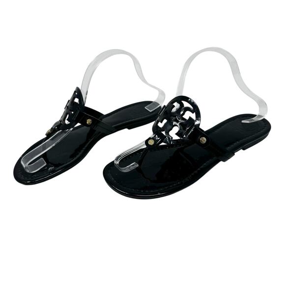 TORY BURCH Black Patent Leather Miller Classic Designer Logo Sandals Size 8.5 - Picture 5 of 10